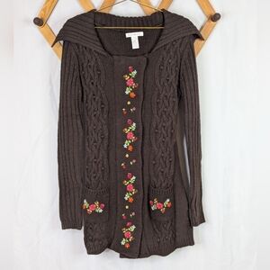Vintage Susan Bristol Floral Brown Wool Blend Button Up Long Line Knit Sweater